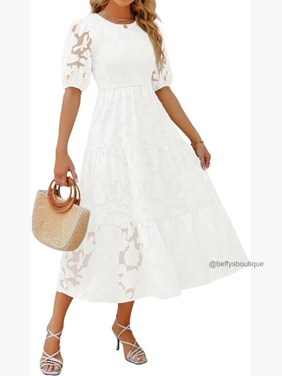 Dresses & Skirts - Short Puff Sleeve Smocked Floral Lace Tiered Maxi Dress